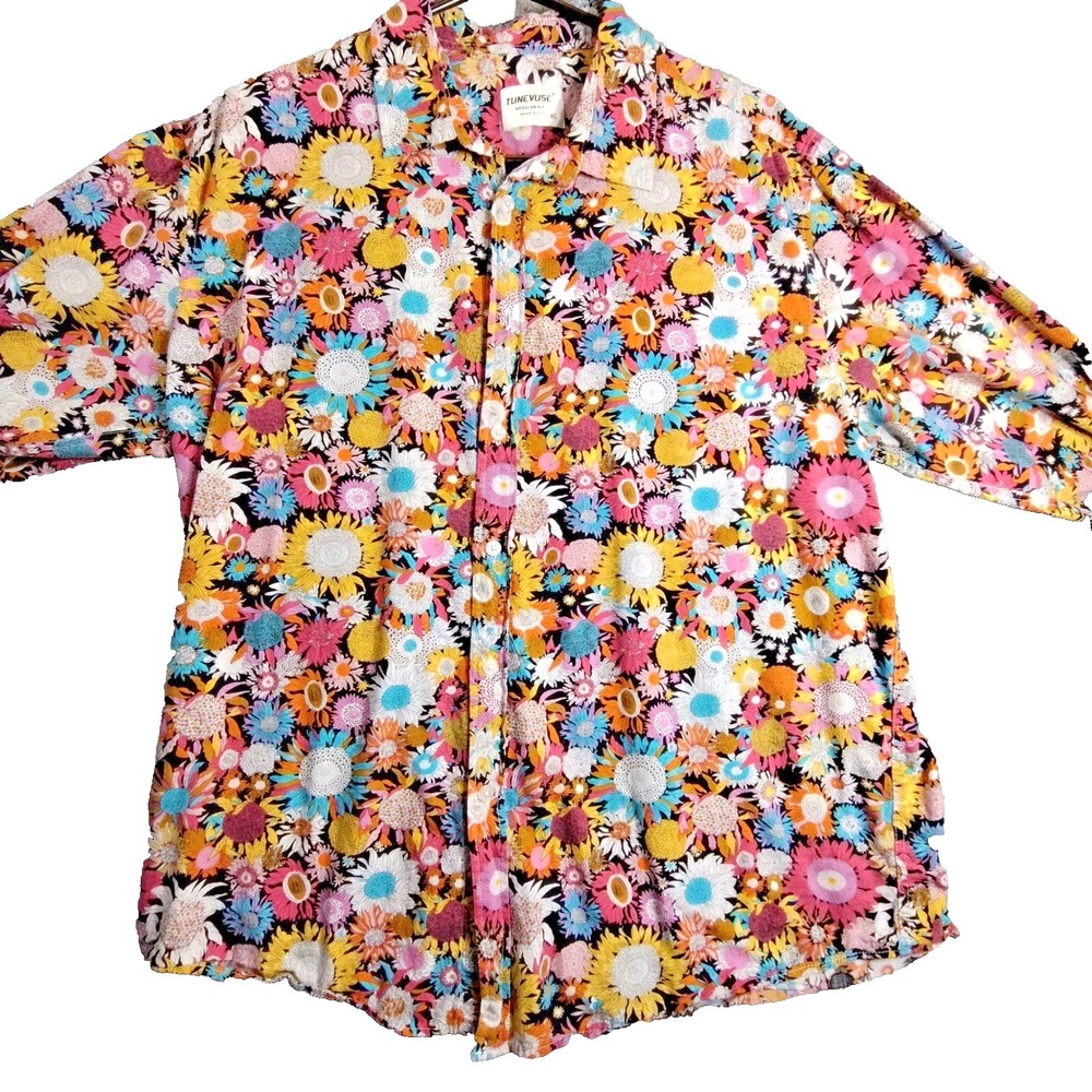 TuneVuse Mens XL Retro Floral Button Up Shirt Groovy 70s Daisy Sunflower Print